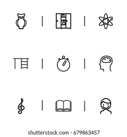 Set Of 9 Editable Education Outline Icons. Includes Symbols Such As Bookcase, Molecule, Male And More. Can Be Used For Web, Mobile, UI And Infographic Design.