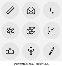 Set Of 9 Editable Education Outline Icons. Includes Symbols Such As Idea, Molecule, Letter And More. Can Be Used For Web, Mobile, UI And Infographic Design.