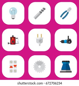 Set Of 9 Editable Electric Icons. Includes Symbols Such As Bulb, Emery Paper, Breaker And More. Can Be Used For Web, Mobile, UI And Infographic Design.