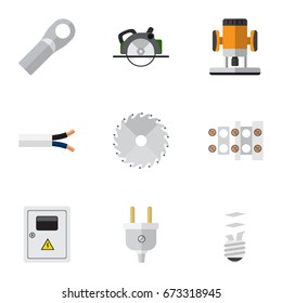 Set Of 9 Editable Electric Icons. Includes Symbols Such As Cutting, Outlet, Circular And More. Can Be Used For Web, Mobile, UI And Infographic Design.