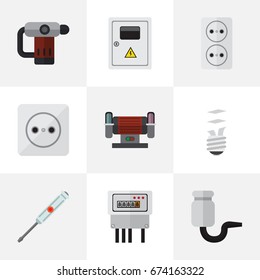 Set Of 9 Editable Electric Icons. Includes Symbols Such As Socket, Electric, Panel And More. Can Be Used For Web, Mobile, UI And Infographic Design.
