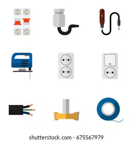 Set Of 9 Editable Electric Icons. Includes Symbols Such As Wire, Orifice, Breaker And More. Can Be Used For Web, Mobile, UI And Infographic Design.