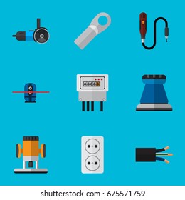 Set Of 9 Editable Electric Icons. Includes Symbols Such As Cutting, Mini Drill, Connection And More. Can Be Used For Web, Mobile, UI And Infographic Design.