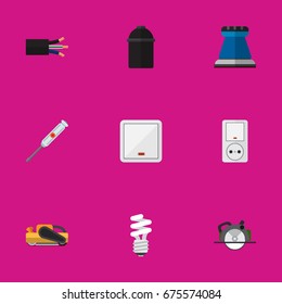 Set Of 9 Editable Electric Icons. Includes Symbols Such As Wire, Switch, Turn-Screw And More. Can Be Used For Web, Mobile, UI And Infographic Design.