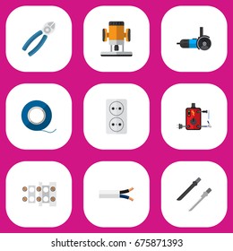 Set Of 9 Editable Electric Icons. Includes Symbols Such As Adhesive, Terminal Block, Grinding Machine And More. Can Be Used For Web, Mobile, UI And Infographic Design.
