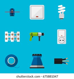 Set Of 9 Editable Electric Icons. Includes Symbols Such As Lightbulb, Wire, Adhesive And More. Can Be Used For Web, Mobile, UI And Infographic Design.