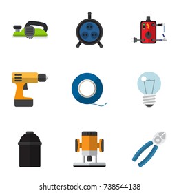 Set Of 9 Editable Electrical Flat Icons. Includes Symbols Such As Holder, Receptacle, Nipper And More. Can Be Used For Web, Mobile, UI And Infographic Design.