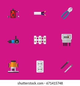 Set Of 9 Editable Electrical Icons. Includes Symbols Such As Terminal Block, Cable, Grinding Machine And More. Can Be Used For Web, Mobile, UI And Infographic Design.