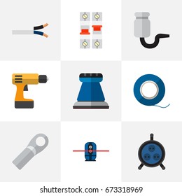Set Of 9 Editable Electrical Icons. Includes Symbols Such As Receptacle, Emery Paper, Screwdriver And More. Can Be Used For Web, Mobile, UI And Infographic Design.