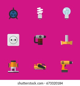 Set Of 9 Editable Electrical Icons. Includes Symbols Such As Rosette, Bulb, Cutting And More. Can Be Used For Web, Mobile, UI And Infographic Design.