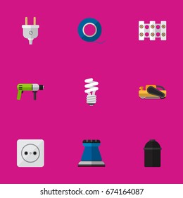 Set Of 9 Editable Electrical Icons. Includes Symbols Such As Terminal Block, Outlet, Sandblast. Can Be Used For Web, Mobile, UI And Infographic Design.