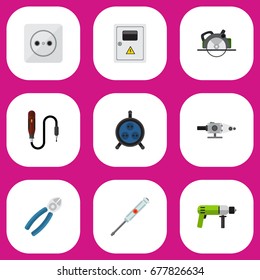 Set Of 9 Editable Electrical Icons. Includes Symbols Such As Borer, Rosette, Nipper And More. Can Be Used For Web, Mobile, UI And Infographic Design.