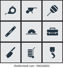 Set Of 9 Editable Equipment Icons. Includes Symbols Such As Scale, Band, Handcart. Can Be Used For Web, Mobile, UI And Infographic Design.