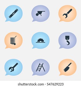 Set Of 9 Editable Equipment Icons. Includes Symbols Such As Crane, Screw Wrench, Staircase And More. Can Be Used For Web, Mobile, UI And Infographic Design.