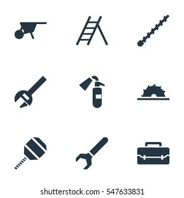 Set Of 9 Editable Equipment Icons. Includes Symbols Such As Excavate, Handcart, Sprinkler. Can Be Used For Web, Mobile, UI And Infographic Design.