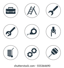 Set Of 9 Editable Equipment Icons. Includes Symbols Such As Staircase, Excavate, Key And More. Can Be Used For Web, Mobile, UI And Infographic Design.