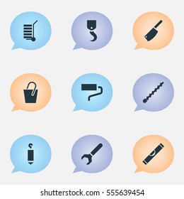 Set Of 9 Editable Equipment Icons. Includes Symbols Such As Scale, Crane, Cleaver And More. Can Be Used For Web, Mobile, UI And Infographic Design.