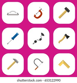 Set Of 9 Editable Equipment Icons. Includes Symbols Such As Hacksaw, Boer, Hammer And More. Can Be Used For Web, Mobile, UI And Infographic Design.