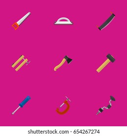 Set Of 9 Editable Equipment Icons. Includes Symbols Such As Clinch, Emery Paper, Axe And More. Can Be Used For Web, Mobile, UI And Infographic Design.