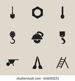 Set Of 9 Editable Equipment Icons. Includes Symbols Such As Staircase, Spade, Internal Screw And More. Can Be Used For Web, Mobile, UI And Infographic Design.