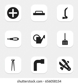 Set Of 9 Editable Equipment Icons. Includes Symbols Such As Wheel Wrench, Bailer, Trowel And More. Can Be Used For Web, Mobile, UI And Infographic Design.