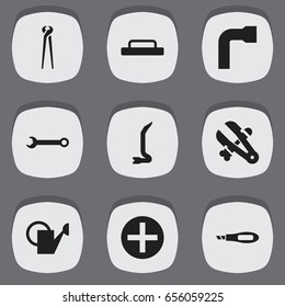 Set Of 9 Editable Equipment Icons. Includes Symbols Such As Wheel Wrench, Jimmy, Plus And More. Can Be Used For Web, Mobile, UI And Infographic Design.
