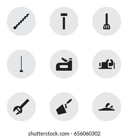 Set Of 9 Editable Equipment Icons. Includes Symbols Such As Trowel, Bore, Kitchen Spatula And More. Can Be Used For Web, Mobile, UI And Infographic Design.