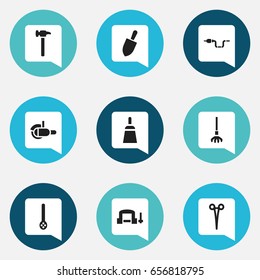 Set Of 9 Editable Equipment Icons. Includes Symbols Such As Surgical Scissors, Clamp, Mincing Machine And More. Can Be Used For Web, Mobile, UI And Infographic Design.