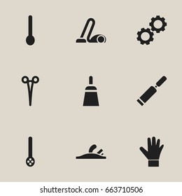 Set Of 9 Editable Equipment Icons. Includes Symbols Such As Chisel Scraper, Putty Knife, Gauntlet And More. Can Be Used For Web, Mobile, UI And Infographic Design.