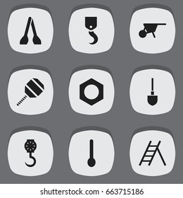 Set Of 9 Editable Equipment Icons. Includes Symbols Such As Cuisine Utensil, Handcart, Spoon. Can Be Used For Web, Mobile, UI And Infographic Design.