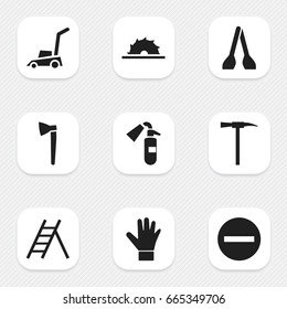 Set Of 9 Editable Equipment Icons. Includes Symbols Such As Grass Cutting Machine, Hatchet, Cuisine Utensil And More. Can Be Used For Web, Mobile, UI And Infographic Design.