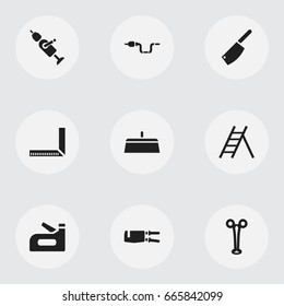 Set Of 9 Editable Equipment Icons. Includes Symbols Such As Cleaver, Measure, Pipe Wrench And More. Can Be Used For Web, Mobile, UI And Infographic Design.