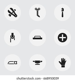 Set Of 9 Editable Equipment Icons. Includes Symbols Such As Hacksaw, Medical Shear, Vice And More. Can Be Used For Web, Mobile, UI And Infographic Design.