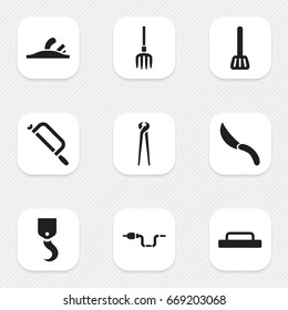 Set Of 9 Editable Equipment Icons. Includes Symbols Such As Handsaw, Kitchen Spatula, Trowel. Can Be Used For Web, Mobile, UI And Infographic Design.