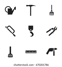 Set Of 9 Editable Equipment Icons. Includes Symbols Such As Drill, Bailer, Press Instrument And More. Can Be Used For Web, Mobile, UI And Infographic Design.