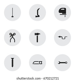 Set Of 9 Editable Equipment Icons. Includes Symbols Such As Hacksaw, Jimmy, Dowel And More. Can Be Used For Web, Mobile, UI And Infographic Design.