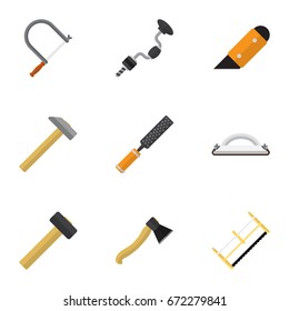 Set Of 9 Editable Equipment Icons. Includes Symbols Such As Emery Paper, Handsaw, Knife. Can Be Used For Web, Mobile, UI And Infographic Design.