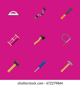 Set Of 9 Editable Equipment Icons. Includes Symbols Such As Emery Paper, Rasp, Boer And More. Can Be Used For Web, Mobile, UI And Infographic Design.