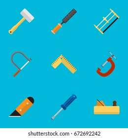 Set Of 9 Editable Equipment Icons. Includes Symbols Such As Hacksaw, Handsaw, Turn-Screw. Can Be Used For Web, Mobile, UI And Infographic Design.