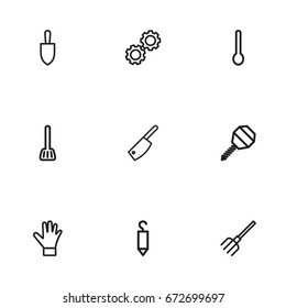 Set Of 9 Editable Equipment Icons. Includes Symbols Such As Butcher Knife, Pitchfork, Tablespoon And More. Can Be Used For Web, Mobile, UI And Infographic Design.