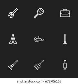 Set Of 9 Editable Equipment Icons. Includes Symbols Such As Grinder, Wrench, Snow Trowel And More. Can Be Used For Web, Mobile, UI And Infographic Design.