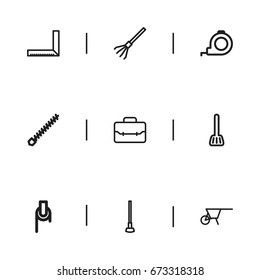 Set Of 9 Editable Equipment Icons. Includes Symbols Such As Handcart, Winch, Tool. Can Be Used For Web, Mobile, UI And Infographic Design.
