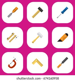 Set Of 9 Editable Equipment Icons. Includes Symbols Such As Clinch, Rasp, Meter And More. Can Be Used For Web, Mobile, UI And Infographic Design.