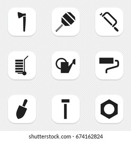 Set Of 9 Editable Equipment Icons. Includes Symbols Such As Handsaw, Shovel, Build Fastener. Can Be Used For Web, Mobile, UI And Infographic Design.
