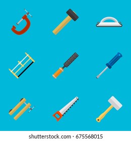Set Of 9 Editable Equipment Icons. Includes Symbols Such As Malleus, Emery Paper, Clinch And More. Can Be Used For Web, Mobile, UI And Infographic Design.