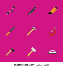 Set Of 9 Editable Equipment Icons. Includes Symbols Such As Saw, Knife, Boer And More. Can Be Used For Web, Mobile, UI And Infographic Design.