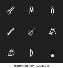 Set Of 9 Editable Equipment Icons. Includes Symbols Such As Stairway, Knife, Snow Trowel And More. Can Be Used For Web, Mobile, UI And Infographic Design.