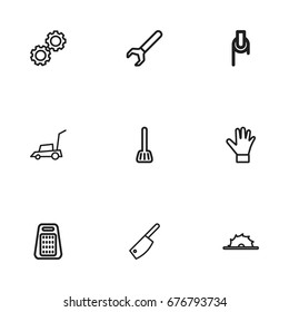 Set Of 9 Editable Equipment Icons. Includes Symbols Such As Circle Blade, Grater, Glove And More. Can Be Used For Web, Mobile, UI And Infographic Design.
