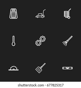 Set Of 9 Editable Equipment Icons. Includes Symbols Such As Cogwheel, Carriage, Rake And More. Can Be Used For Web, Mobile, UI And Infographic Design.