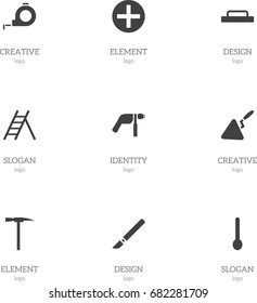 Set Of 9 Editable Equipment Icons. Includes Symbols Such As Spoon, Drill, Trowel And More. Can Be Used For Web, Mobile, UI And Infographic Design.